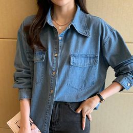 Women's Blouses #3117 Blue Denim Shirt Women Long Sleeve Outerwear Jeans Femme Turn-down Collar Shirts Loose Cotton Spring Autumn