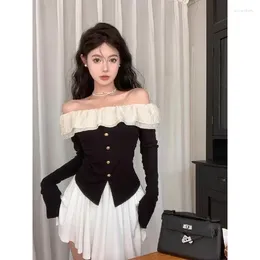 Women's Blouses Off Shoulder Sexy Women Elegant Gyaru Shirts Flared Long Sleeves Crop Knitted Top Vintage Korean Fashion Slim