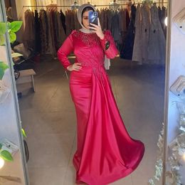 Muslim Red Mother of the Bride Dresses Mermaid High Neck Long Sleeves Beaded Mother Dresses Groom Gowns Elastic Satin Gown M150