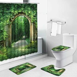 Shower Curtains Tree Forest Waterfall Scenery Bathroom Set Shower Curtain Anti-Slip Bathing Mat Doormat Toilet Lid Cover Rug Kitchen Carpet