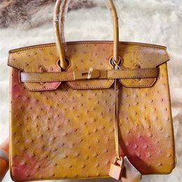 Ostrich Leather Bkns Handswen High Quality Beauty end Product Beautiful Yellow Natural Luxury Leather Handbag Women's BagS7MI