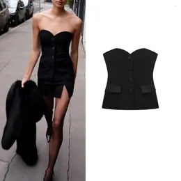 Women's Tanks European And American Style Autumn Fashion Versatile Black Silk Satin Texture Stitching Corset Top 8881593