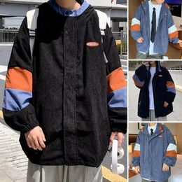 Men's Jackets Corduroy Hooded Jacket Colorblock Zipper Closure Spring Fall Coat Loose Cardigan Long Sleeve Streetwear Sport