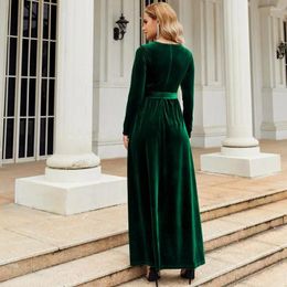 Casual Dresses Fall Winter Dress Elegant Vintage A-line Maxi With Pleated Golden Velvet Long Sleeve Belted Waist Ankle For Bridesmaid