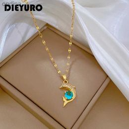 Pendant Necklaces DIEYURO 316L Stainless Steel Blue Zircon Dolphin Pendant Necklace For Women New Luxury Girls Clavicle Chain Jewelry Accessories YQ240124