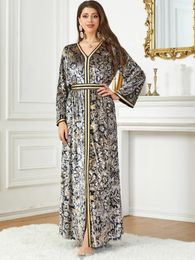 Ethnic Clothing Autumn Winter Muslim Velvet Dress For Women Abaya Split Floral Print Morocco Party Long Dresses Dubai Kaftan Arab Robe