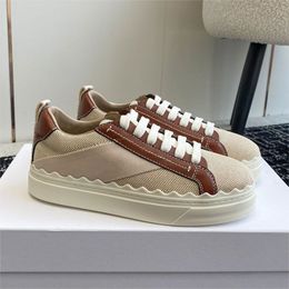 Womens Lace-up Flat Casual Shoes Luxurys Designer Quality Textural Mix Of Linen Calfskin Round toe Heightincrease Soft Platform Sneakers White Brown 35-40