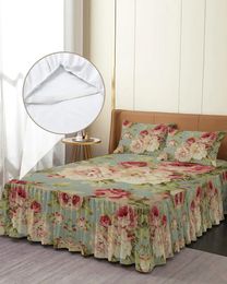 Bed Skirt Peony Flower Vintage Farmhouse Elastic Fitted Bedspread With Pillowcases Mattress Cover Bedding Set Sheet