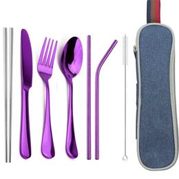 Camp Kitchen JANKNG Tableware Stainless Steel Cutlery Travel Camping Dinnerware Set Spoon Fork Chopsticks with Straw Portable Case YQ240123