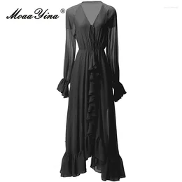 Casual Dresses MoaaYina Autumn Fashion Designer Black Vintage Party Dress Women Lantern Sleeve Frenulum Ruffles High Waist Slim Slit Long