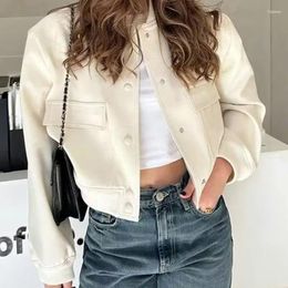 Women's Jackets Women Bomber Jacket With Pockets Spring Autumn Chic Tops Lady Vintage Long Sleeve Button Coats Casual Female Fashion