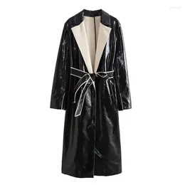 Women's Trench Coats Contrast Lapel Coat Jacket Lace Up Minimalist Black Colour Blocking Design For Top