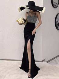 Black Sparkling Prom Dresses Spaghetti Sequins Train Evening Dresses Side Slit Floor Length Party Gowns Plus Size