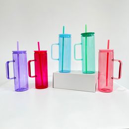 Wholesale reusable blank sublimation Coloured jelly 20oz skinny straight tall High Borosilicate glass camper coffee mugs travel mugs with plastic pp lid and straw