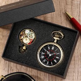 Pocket Watches Watch Set Men's Quartz Roman Numeral Dial Women's Pendant Clock Alloy Necklace With Accessories Gifts Box For Man