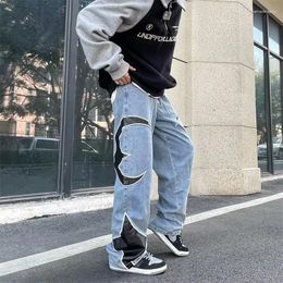 Men's Jeans American High Street Men Patchwork Leather Loose Wide-leg Mid-waist Casual Pants Fashion Straight-legged Denim Male