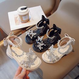 Summer Children's Girls Rome Princess Sandals Rhinestone Crystal Bow Soft Shoes Non-slip Breathable Fashion Kids Pearl Sandals 240118