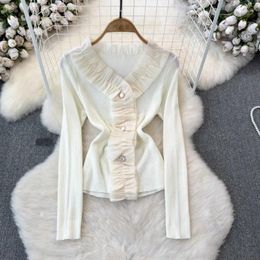 Women's Sweaters Vintage Blouse For Women Flounced Edge Long Lantern Sleeve Skinny Shirts French Style Chic Versatile Female Tops Drop