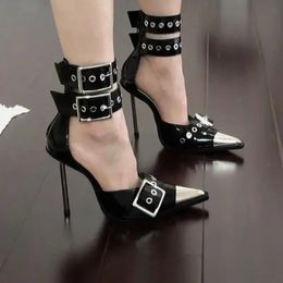 2024 Summer New Europe and America Pointed High Heels Women's Thin High Heels Treasure Head Hollow Metal Iron Head Sticker Leather Sandals 240123