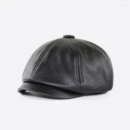 Berets Men's PU Leather Warm Octagonal Cap Casual Vintage Sboy Golf Driving Flat Cabbie Hat Winter Male Artist Gatsby