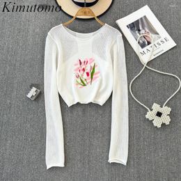 Women's Sweaters Kimutomo Vintage Color Contrast Tulip Print Hollow Out Knitting Pullover Woman Elegant O-neck Long Sleeves Versatile Simple