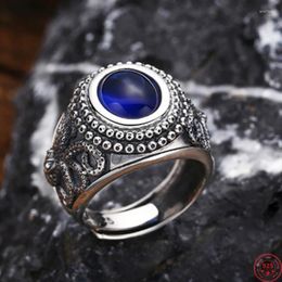 Cluster Rings Genuine S925 Sterling Silver For Women Men Fashion Relief Octopus Inlaid Blue Zircon Punk Jewelry