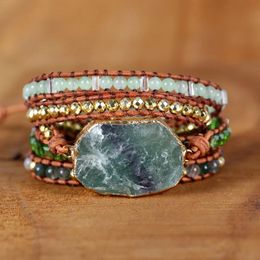 Bracelets Natural green Crystal Quartz Charm 5Strands Wrap Bracelets Handmade Boho Bracelet Women Leather Bracelet lovers Jewellery gift