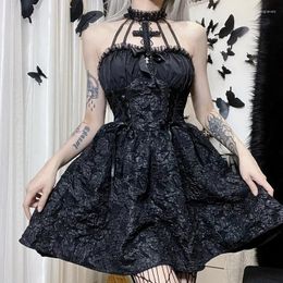Casual Dresses Gothic Women Vintage Retro Halter Choker Sleeveless Cross Tie-up Front Solid Color Lace Goth Backless A-line Ball Gown Dress