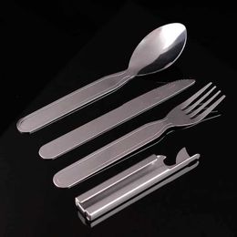 Camp Kitchen 4pcs/set Portable Stainless Steel Tableware fold knife utensil spoon set Spoon Fork Knife Dinnerware Camping Cooking flatware YQ240123