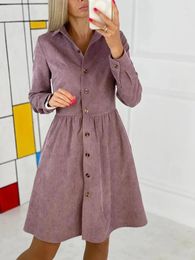 Casual Dresses Elegant Women Solid Buttons Pockets Long Sleeve Dress Color Everyday Simple Sashes All-match Womens Vintage Harajuku