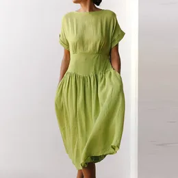 Casual Dresses Elegant Solid Color Cotton Linen Dress Women Vintage Round Neck Tunic Waist Baggy Holiday Summer Beach