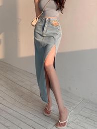 Skirts Slim Korean Style Jean Slit Midi Skirt Summer Fashion Girl DEEPTOWN Long Denim Vintage Women Solid High Waist A-LINE