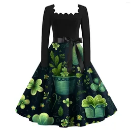 Casual Dresses Women's Fashion Square Neck Long Sleeve St. Patrick's Day Printed Vintage Faldas Mujeres Skirts For Woman