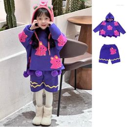 Clothing Sets Girls Sweater Set Spring Fashionable Cute Hooded Pullover Cotton Comfortable Knitted Shorts Children's
