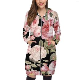 Women's Hoodies Pink Vintage Roses On Black Hoodie Sweatshirt Women Drawstring Printed Pocket Hooded Sweatshirts Blossom Spring Flower