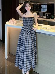 Casual Dresses Summer Blue Plaid Chic Bow Sling Long Dress Women Korean Vintage Elegant Home 2024 Fashion Luxury Dance Party Night