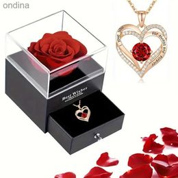 Pendant Necklaces Luxury Red Zircon Pendant Necklaces With Rose Flower Gift Box For Girlfriend Women I Love You Gifts 2023 Trendy Wedding Jewelry YQ240124