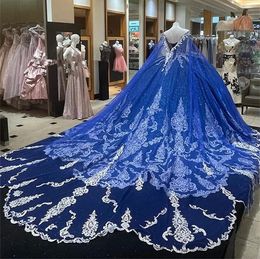 Royal Blue Glitter Court Train Quinceanera Dresses Ball Ball Dontal Orgons Bark Drads With Cape Princess Sweet 15 16 Dress S