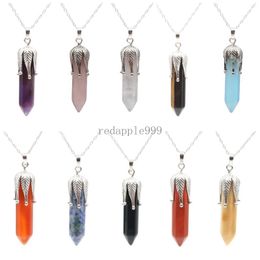 Natural Gemstone Chakra Spitutal Crystal Pendants Wrapped Healing Stones Hexagonal Column Pendant Point Bullet Necklace Jewelry