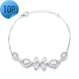 New Design light luxury 925 Sterling Silver Rhodium Plated Four Leaf Clover Moissanite Charm Chain link Bracelet Women Wedding