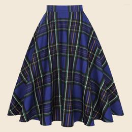 Skirts SISHION 50s Vintage Blue Plaid Skirt Spring Swing Cotton Women High Waist A Line Midi Long Jupe Femme Ss0006