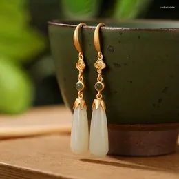 Dangle Earrings Natural Nephrite Classical Chinese Style White Jade Long