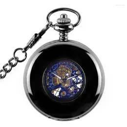 Pocket Watches Black Steampunk Skeleton Hollow Case Roman Number Dial Men's Hand Wind Mechanical Movement Watch With Fob Chain Gift