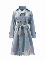 Women's Trench Coats Spring Women Denim Coat 2024 Autumn Lace Up Windbreaker Fashion All Match Loose Casual Long Jean Overocat