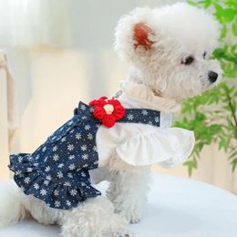 Dog Apparel Dresses Floral Print Dress With Leash Ring Elegant Sleeves Soft Cat Princess Pet Clothes For Everyday Wear