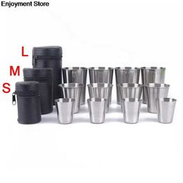 Camp Kitchen 30ml/70ml/170ml Outdoor Camping Cup Tableware Travel Cups Set Stainless Steel Cover Mug Drinking Coffee Tea Beer With Case YQ240123