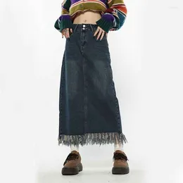 Skirts Women Blue Tassel Denim Skirt Fall Winter High Waist Streetwear Slit Casual Midi Korean Vintage Baggy Preppy A Line