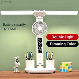 Desk Lamps LED Desk Lamp With Mini Fan Dimmable USB Touch Screen Foldable Table Lamps With Calendar Clock Night Light Study Reading Light YQ240123