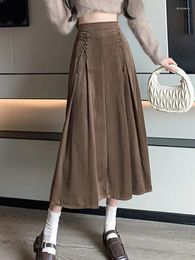 Skirts Y2K Long Skirt Women Vintage Pleated Female Preppy Style Bandage Drawstring Midi Lady Elegant Fashion A-Line
