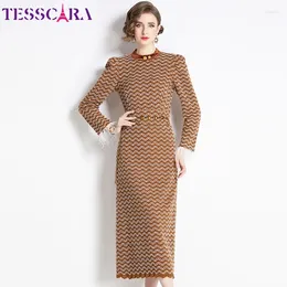 Casual Dresses TESSCARA Women Autumn & Winter Long Elegant Warm Lace Dress High Quality Office Cocktail Party Robe Vintage Designer Vestidos